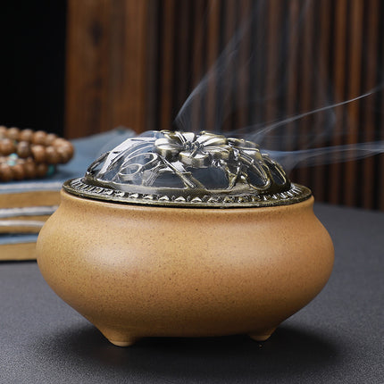 Copper Lid Ceramic Incense Burner Buddha with Antique Alloy Wire Incense Burner