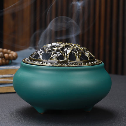 Copper Lid Ceramic Incense Burner Buddha with Antique Alloy Wire Incense Burner