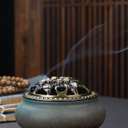 Copper Lid Ceramic Incense Burner Buddha with Antique Alloy Wire Incense Burner